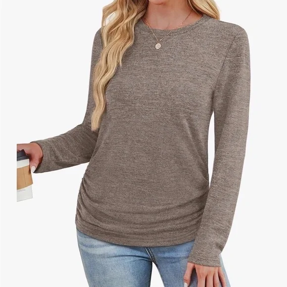 Long Sleeve Ruched Side Women's Top - Taupe - Picture 3 of 4